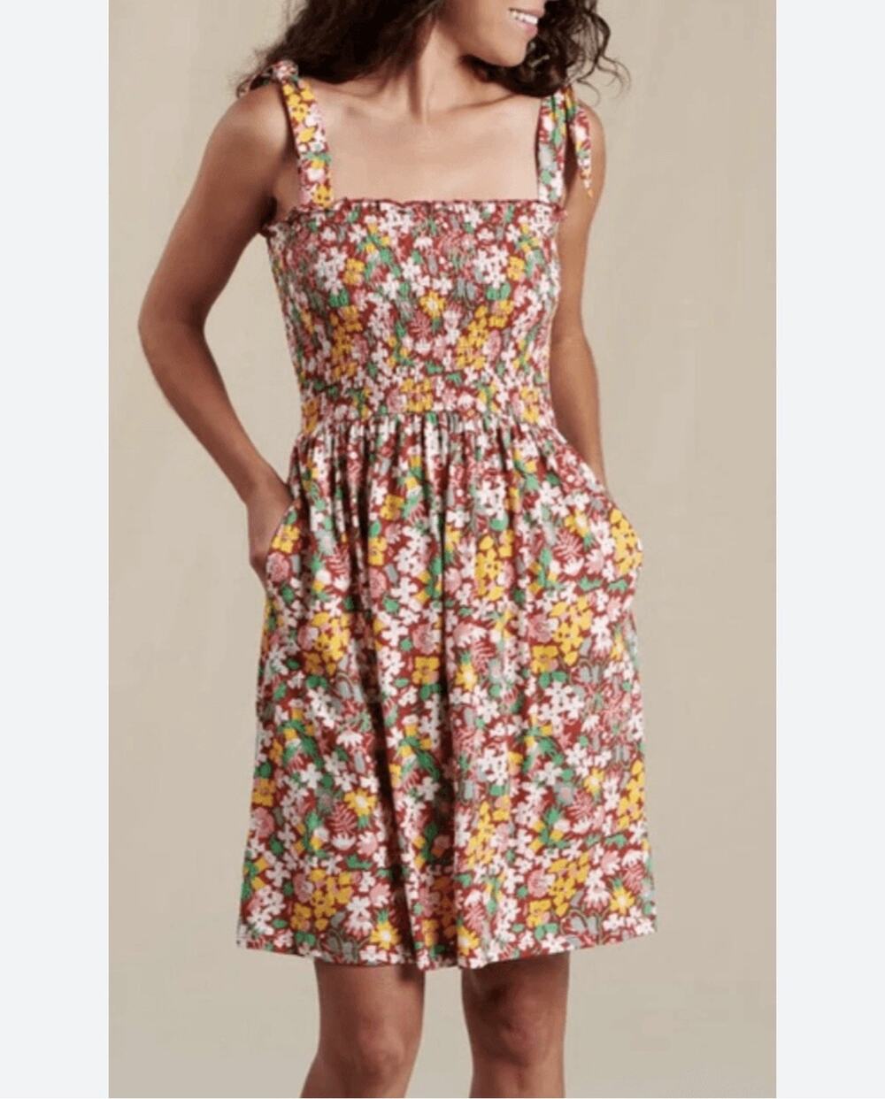 TOAD & CO GEMINA SLEEVELESS DRESS sz L in Brick Red Garden Floral Casual Boho